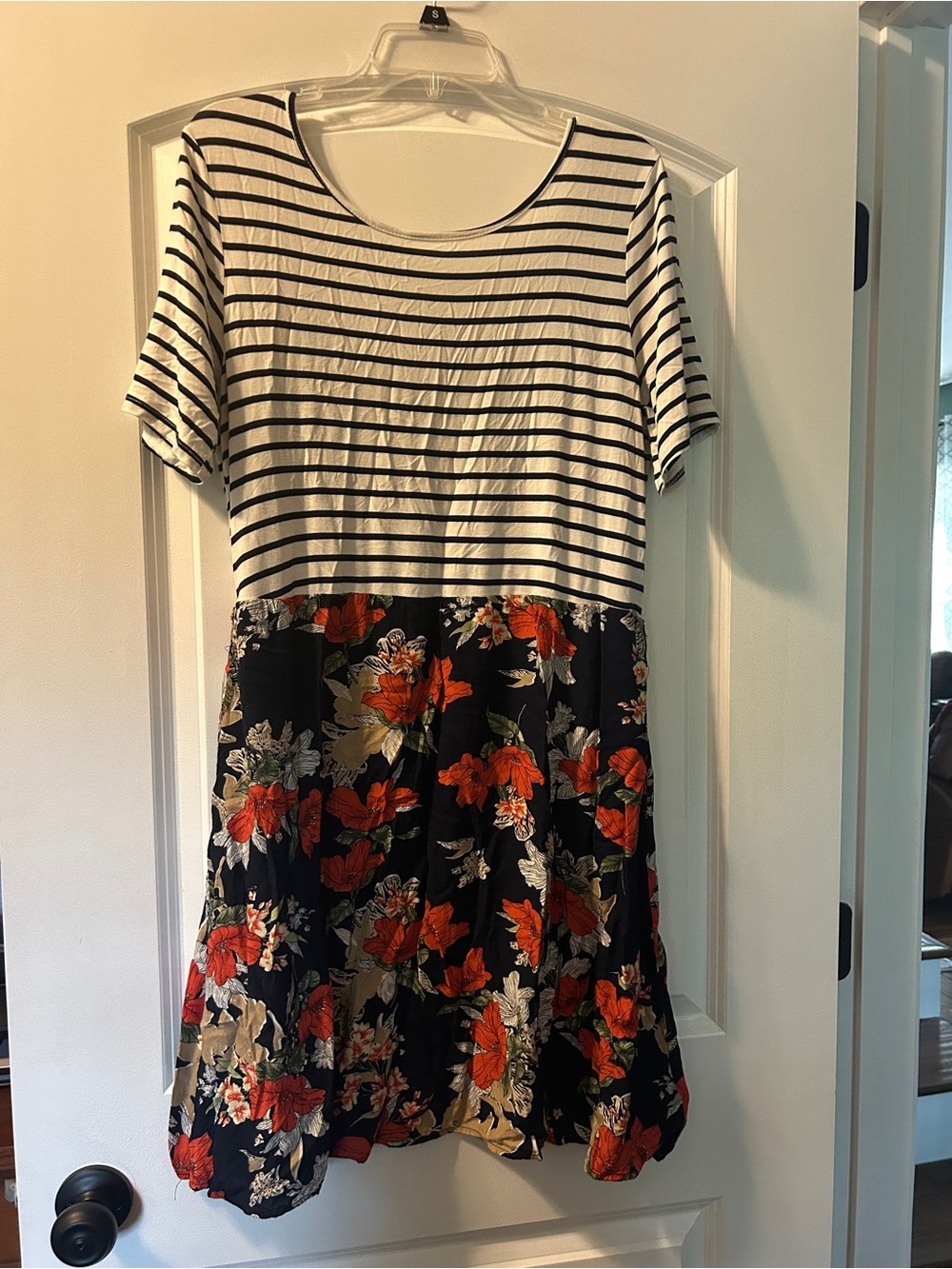 Striped Top with Floral Skirt Dress - Black, White & Red Floral